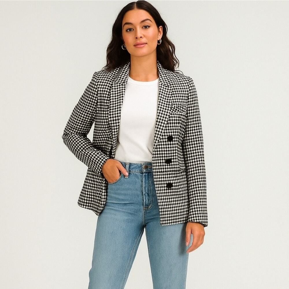 Veronica Beard Cottage Gingham Large Lapel Jacket Black White Size 10